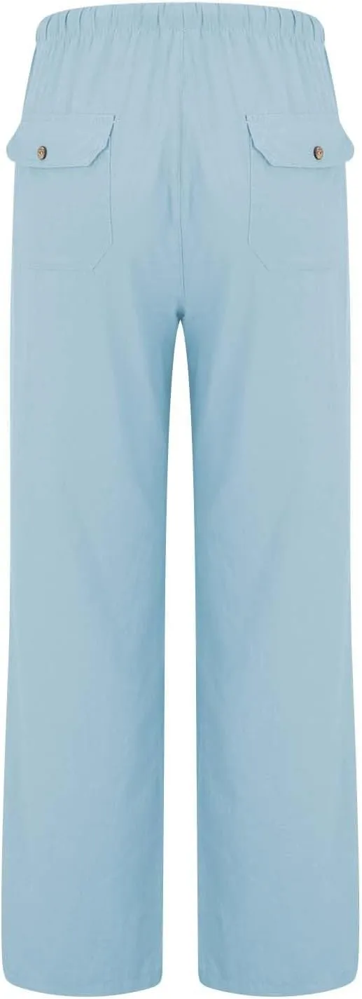 Wide Leg Linen Pants Woman Summer Elasticated Waist Drawstring Palazzo Pants Lightweight Beach Trousers with Pockets