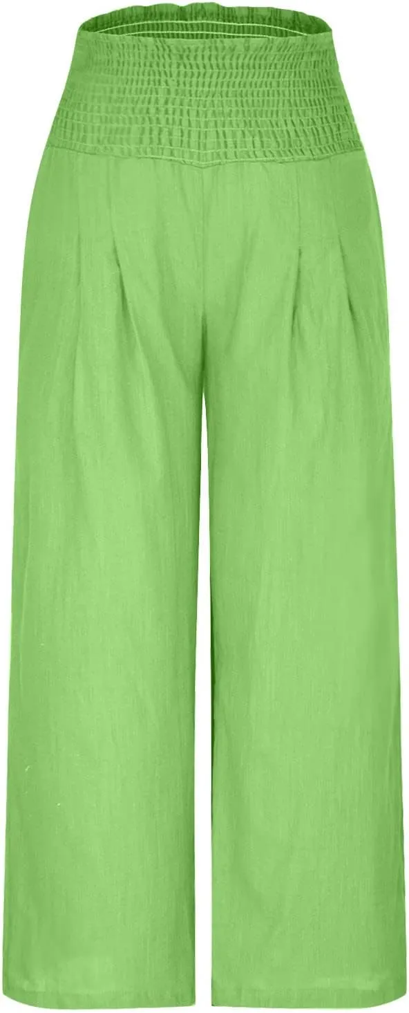 Wide Leg Linen Pants Women Boho Smocked High Waist Palazzo Pants Flowy Summer Vacation Beach Trousers with Pockets