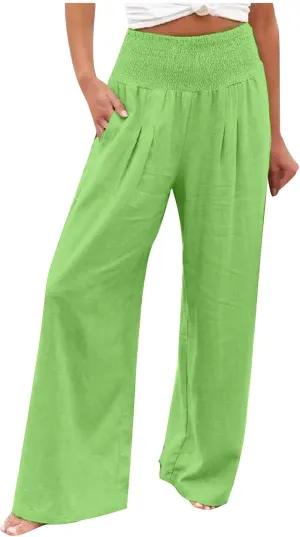 Wide Leg Linen Pants Women Boho Smocked High Waist Palazzo Pants Flowy Summer Vacation Beach Trousers with Pockets