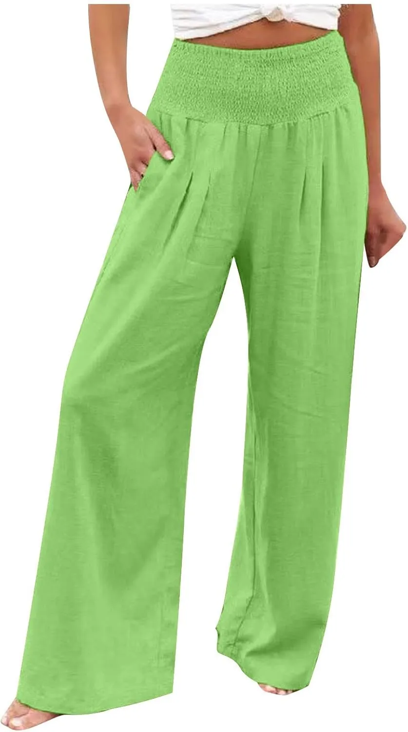 Wide Leg Linen Pants Women Boho Smocked High Waist Palazzo Pants Flowy Summer Vacation Beach Trousers with Pockets