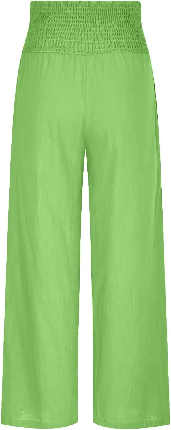 Wide Leg Linen Pants Women Boho Smocked High Waist Palazzo Pants Flowy Summer Vacation Beach Trousers with Pockets