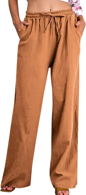 Wide Leg Pants for Women Cotton Linen Casual Summer Loose Drawstring Waist Trousers Summer Palazzo Pant with Pocket