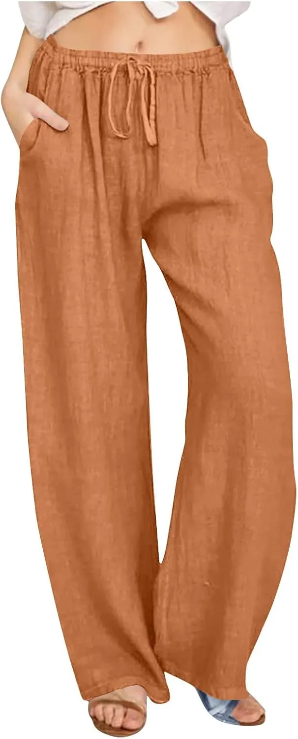 Wide Leg Pants for Women Cotton Linen Casual Summer Loose Drawstring Waist Trousers Summer Palazzo Pant with Pocket