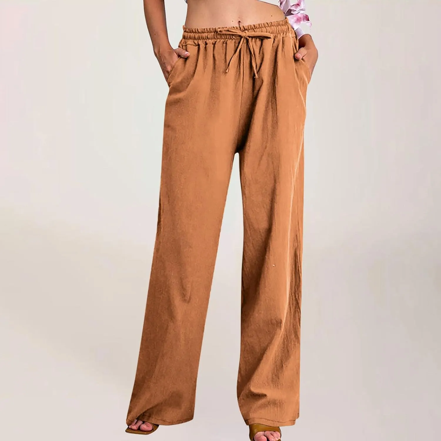 Wide Leg Pants for Women Cotton Linen Casual Summer Loose Drawstring Waist Trousers Summer Palazzo Pant with Pocket