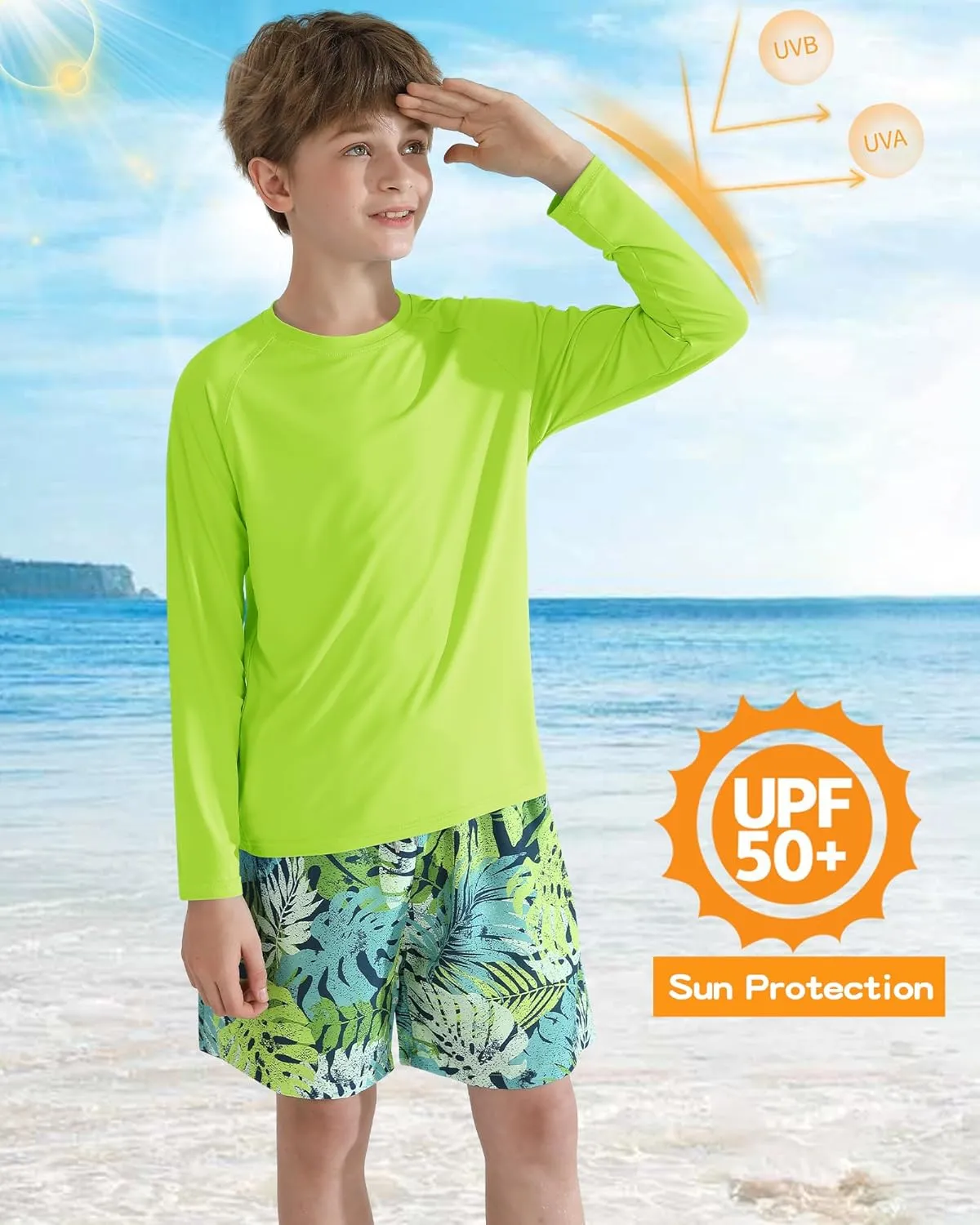 WISREMT Youth Kid Neon Shirt Boy Girl UPF 50  Rash Guard Quick Dry Athletic Long Sleeve T Shirt Sun Protection Water Swim Top