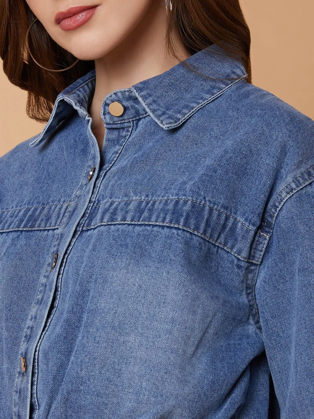 Women Blue Washed Windcheater Crop Denim Jacket