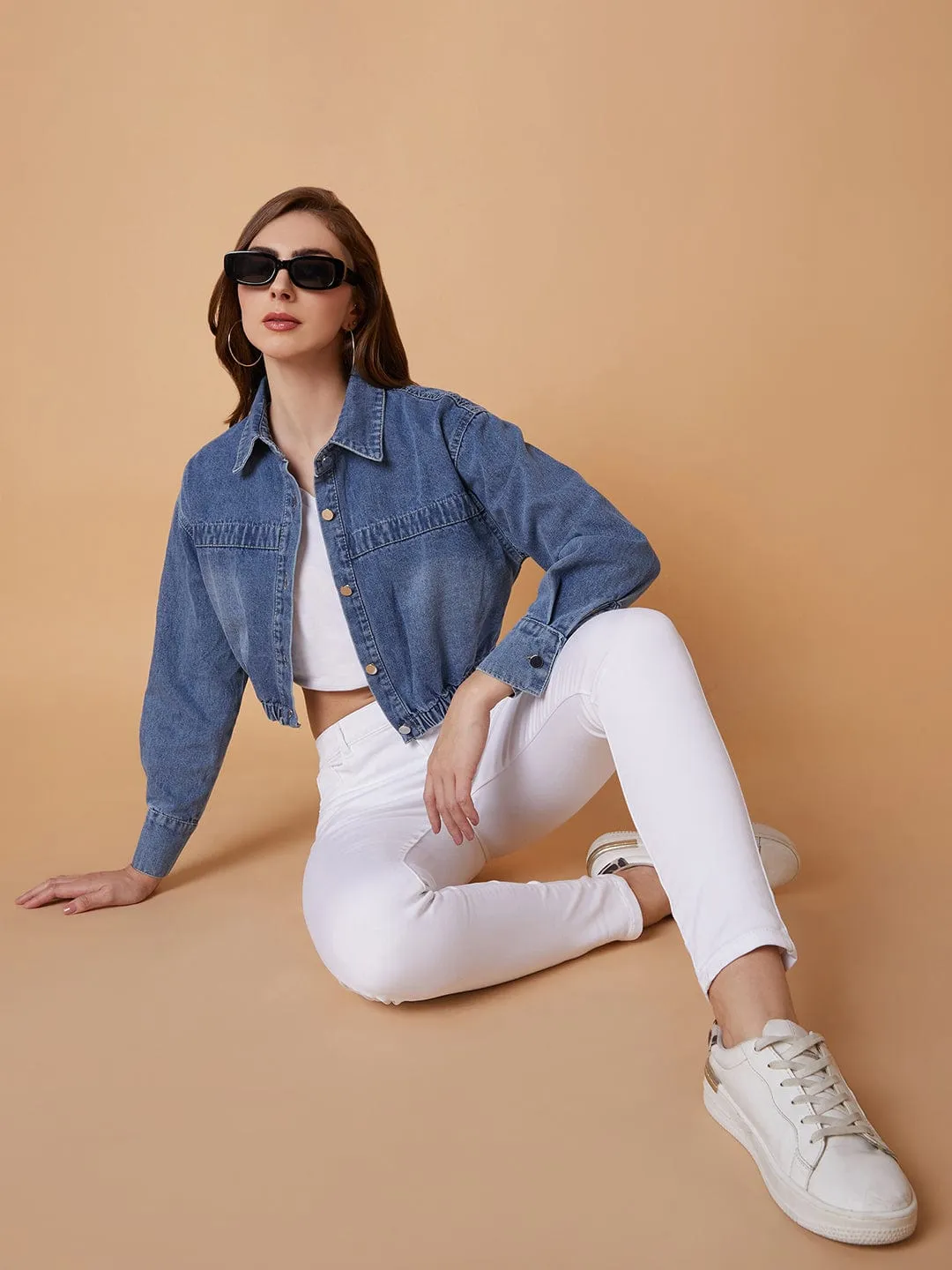 Women Blue Washed Windcheater Crop Denim Jacket