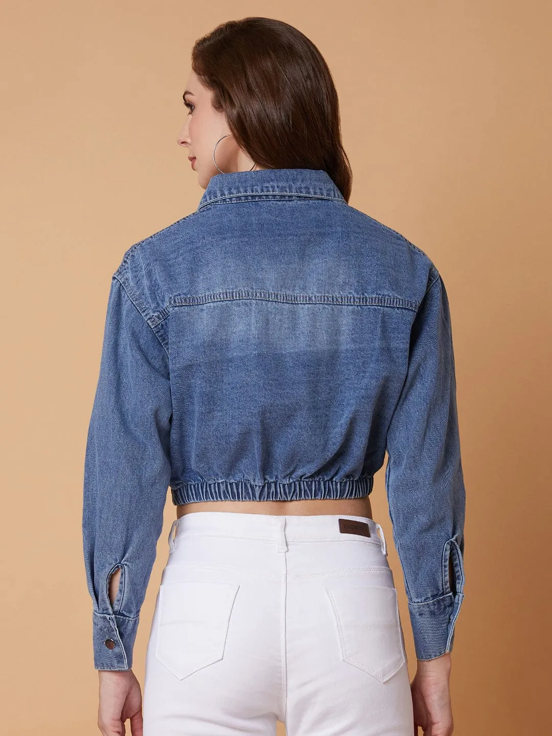 Women Blue Washed Windcheater Crop Denim Jacket