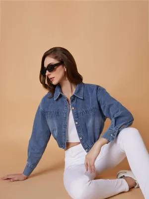Women Blue Washed Windcheater Crop Denim Jacket