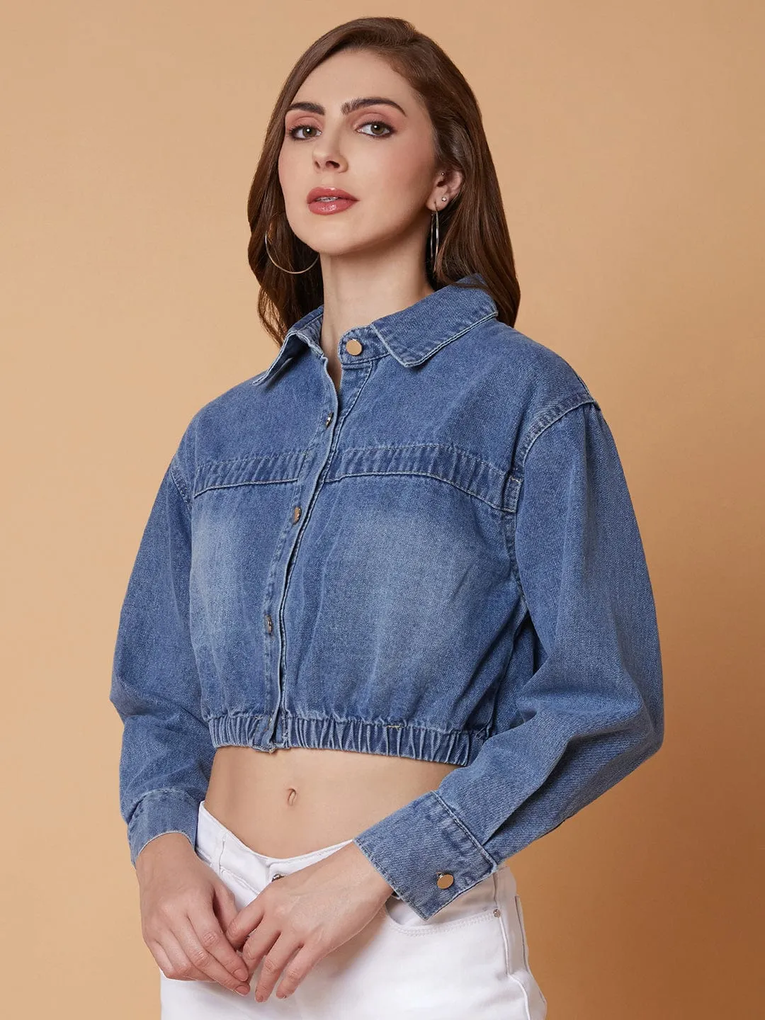Women Blue Washed Windcheater Crop Denim Jacket