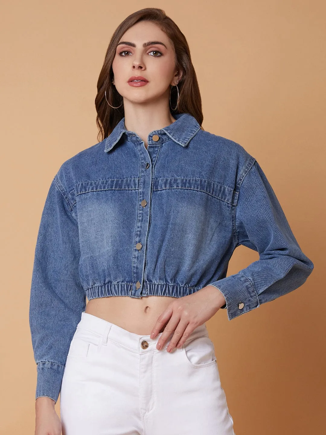 Women Blue Washed Windcheater Crop Denim Jacket