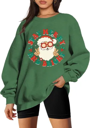 Women Christmas Sweatshirt Stay Merry and Bright Shirts Retro Santa Graphic Long Sleeve Crewneck Pullover Xmas Oversize Tops