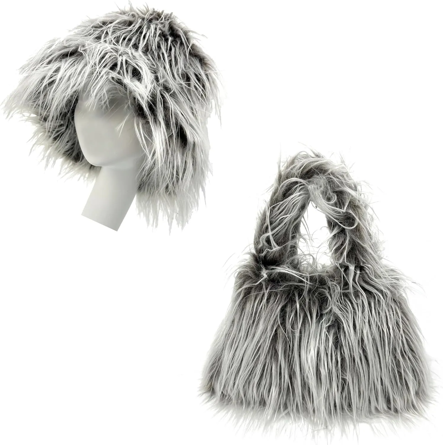 Women Faux Wool Bucket Hat Shoulder Bag Set Warm Cozy Fluffy Hat Faux Fur Tote Bag Lightweight Purse