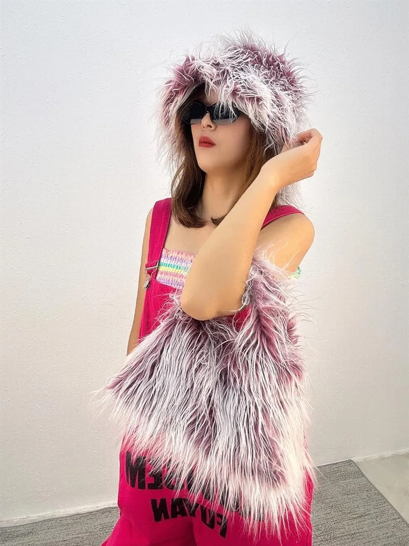 Women Faux Wool Bucket Hat Shoulder Bag Set Warm Cozy Fluffy Hat Faux Fur Tote Bag Lightweight Purse