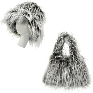 Women Faux Wool Bucket Hat Shoulder Bag Set Warm Cozy Fluffy Hat Faux Fur Tote Bag Lightweight Purse