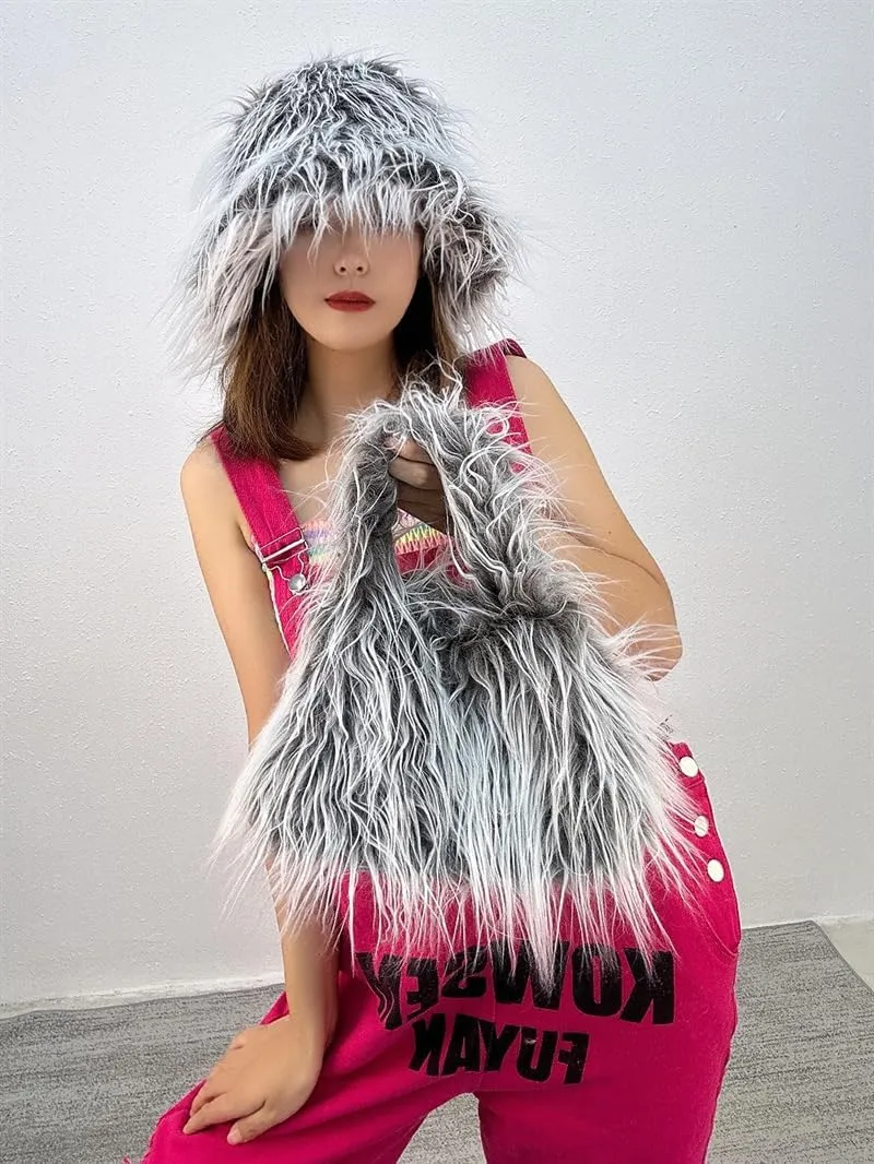 Women Faux Wool Bucket Hat Shoulder Bag Set Warm Cozy Fluffy Hat Faux Fur Tote Bag Lightweight Purse