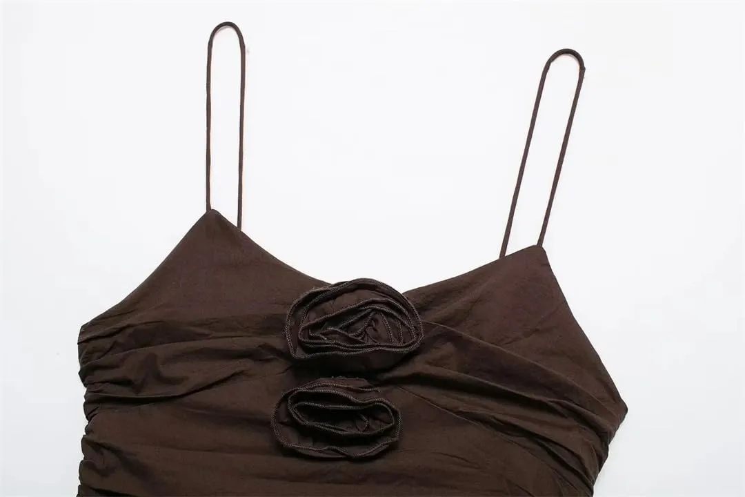 Women Floral Pleated Camisole Backless Sleeveless Tanks Slim Thin Crop Top