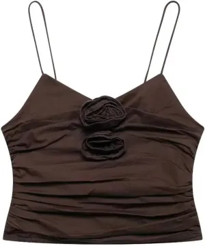 Women Floral Pleated Camisole Backless Sleeveless Tanks Slim Thin Crop Top