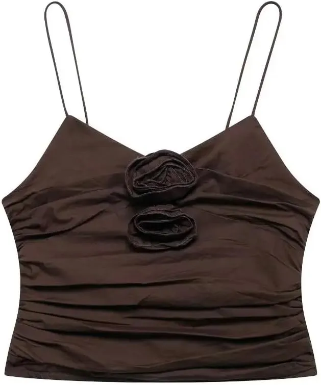 Women Floral Pleated Camisole Backless Sleeveless Tanks Slim Thin Crop Top