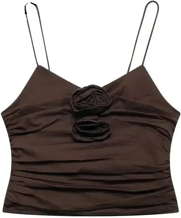 Women Floral Pleated Camisole Backless Sleeveless Tanks Slim Thin Crop Top
