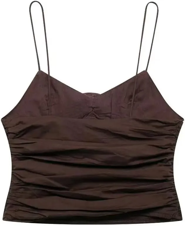 Women Floral Pleated Camisole Backless Sleeveless Tanks Slim Thin Crop Top