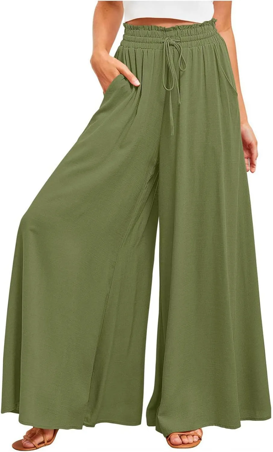 Women Flowy Pants Summer Fashion High Waisted Drawstring Wide Leg Casual Baggy Lightweight Breathable Solid Trosuers