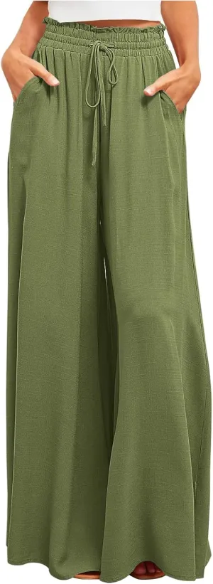 Women Flowy Pants Summer Fashion High Waisted Drawstring Wide Leg Casual Baggy Lightweight Breathable Solid Trosuers