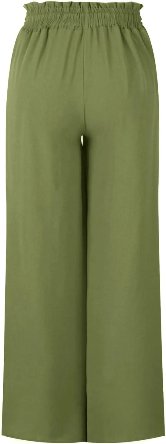 Women Flowy Pants Summer Fashion High Waisted Drawstring Wide Leg Casual Baggy Lightweight Breathable Solid Trosuers