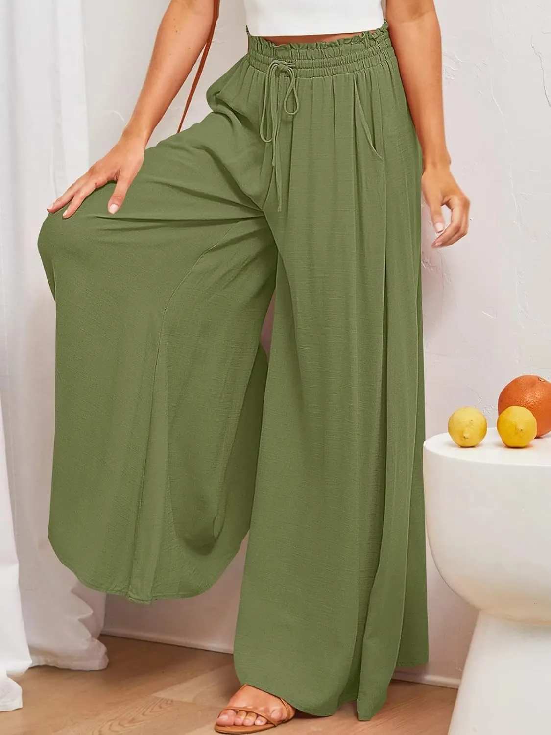 Women Flowy Pants Summer Fashion High Waisted Drawstring Wide Leg Casual Baggy Lightweight Breathable Solid Trosuers