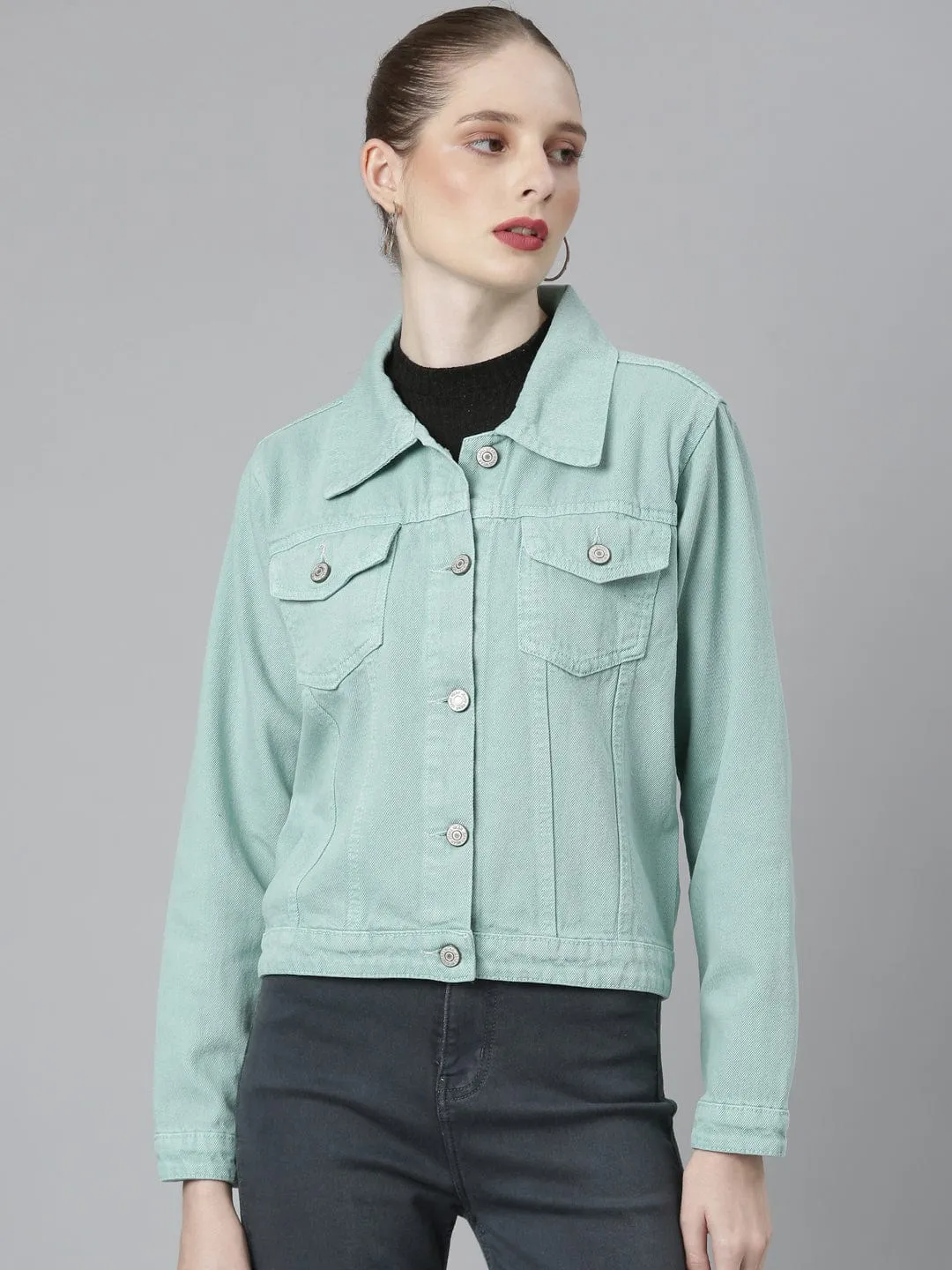 Women Green Windcheater Denim Jacket