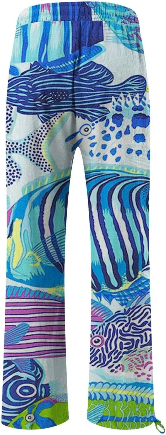 Women High Waisted Cotton Linen Palazzo Pants Dog Fish Graphic Wide Leg Long Lounge Pant Trousers with Pocket