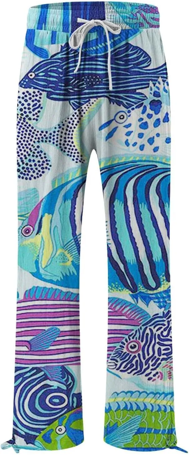 Women High Waisted Cotton Linen Palazzo Pants Dog Fish Graphic Wide Leg Long Lounge Pant Trousers with Pocket