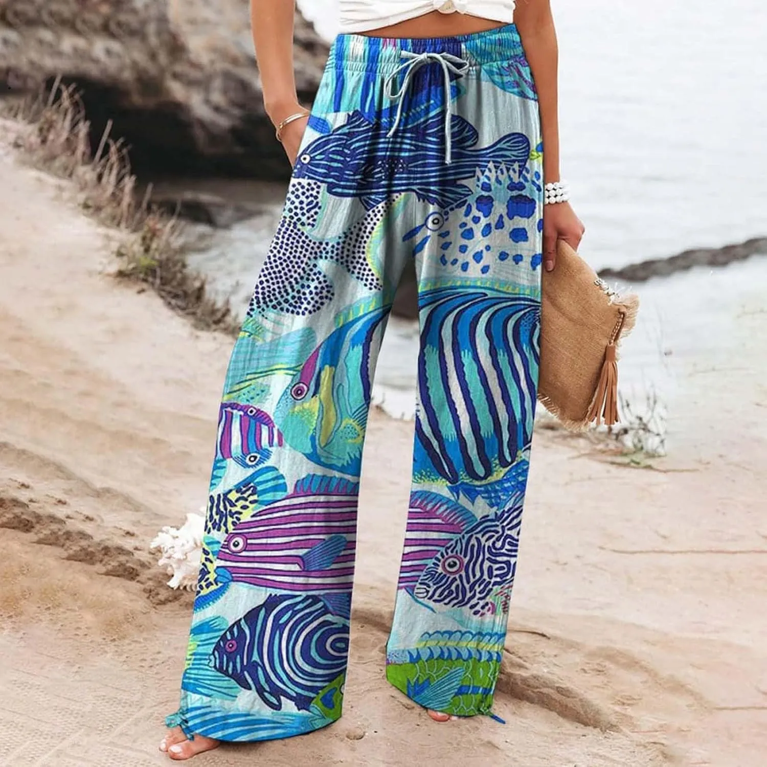 Women High Waisted Cotton Linen Palazzo Pants Dog Fish Graphic Wide Leg Long Lounge Pant Trousers with Pocket