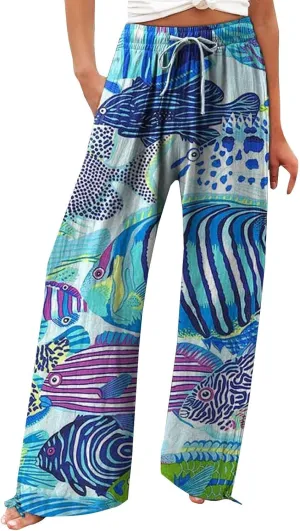 Women High Waisted Cotton Linen Palazzo Pants Dog Fish Graphic Wide Leg Long Lounge Pant Trousers with Pocket