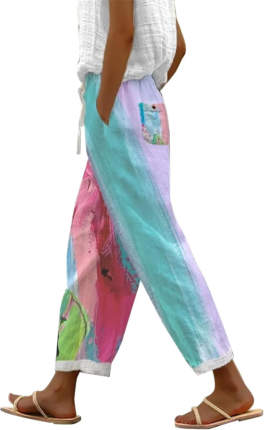 Women Linen Palazzo Pants Casual Drawstring Pants with Pockets Linen Women Wide Leg for