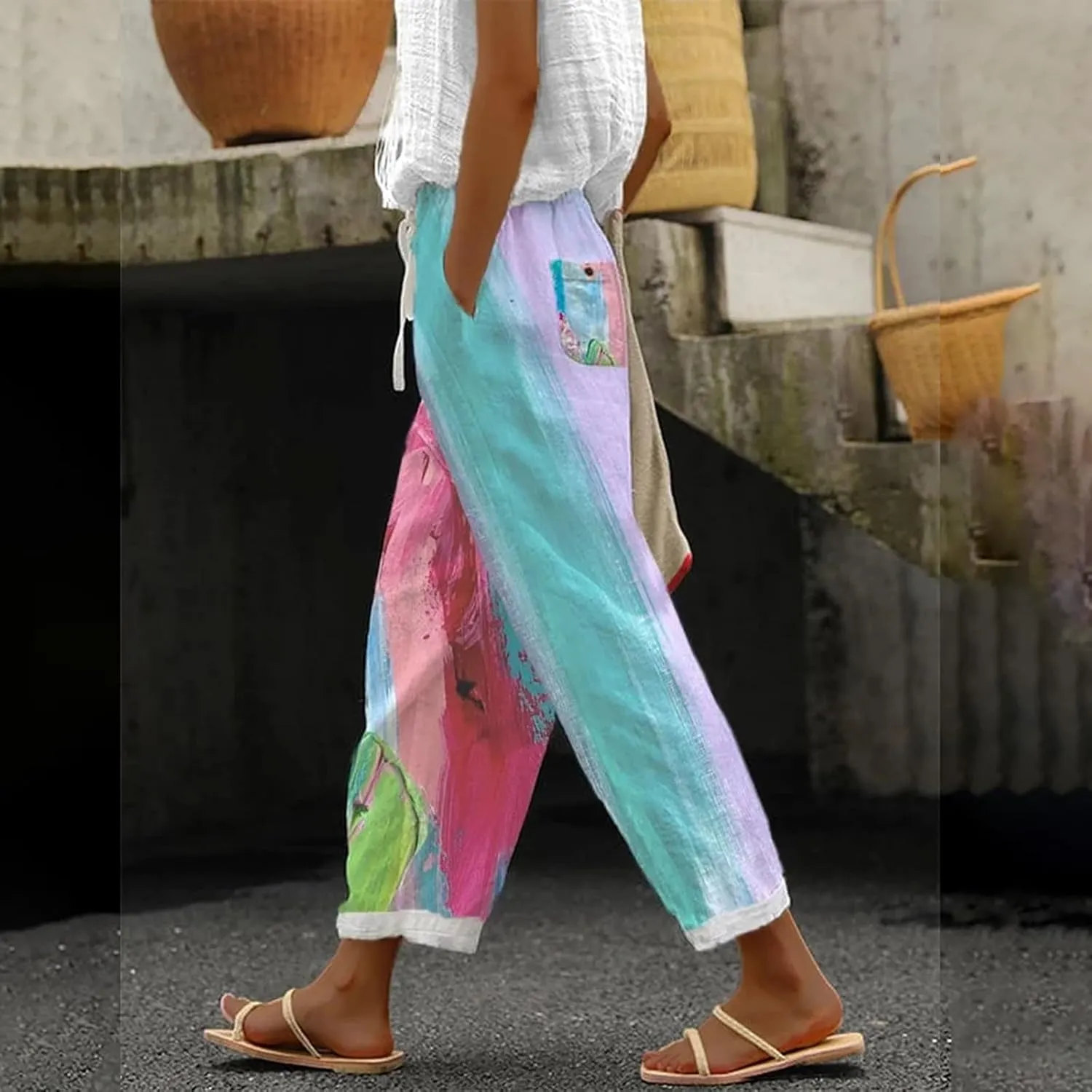 Women Linen Palazzo Pants Casual Drawstring Pants with Pockets Linen Women Wide Leg for