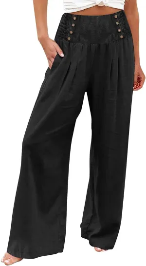 Women Linen Palazzo Pants Summer Trendy Wide Leg High Waist Casual Lounge Pant 2025 Beach Travel Vacation Outfits