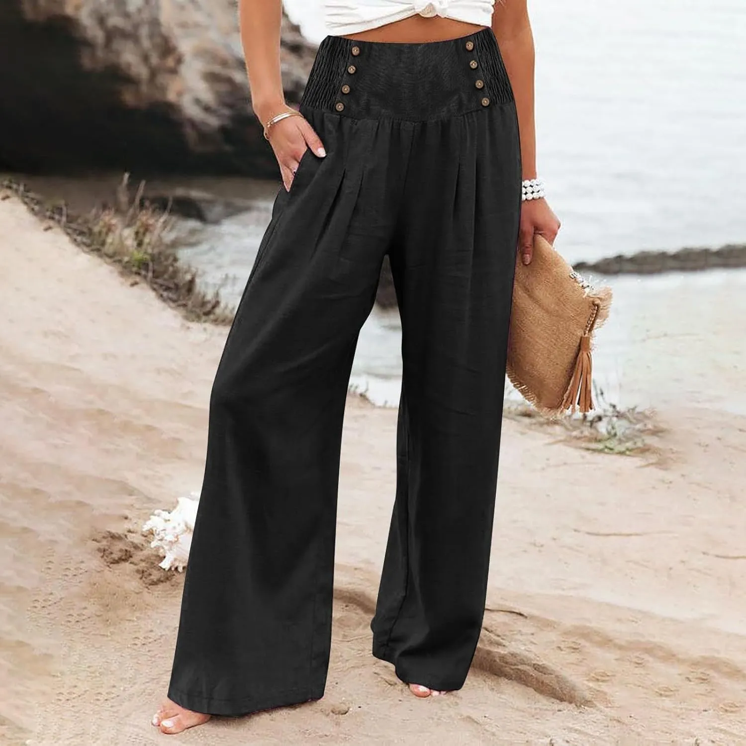 Women Linen Palazzo Pants Summer Trendy Wide Leg High Waist Casual Lounge Pant 2025 Beach Travel Vacation Outfits
