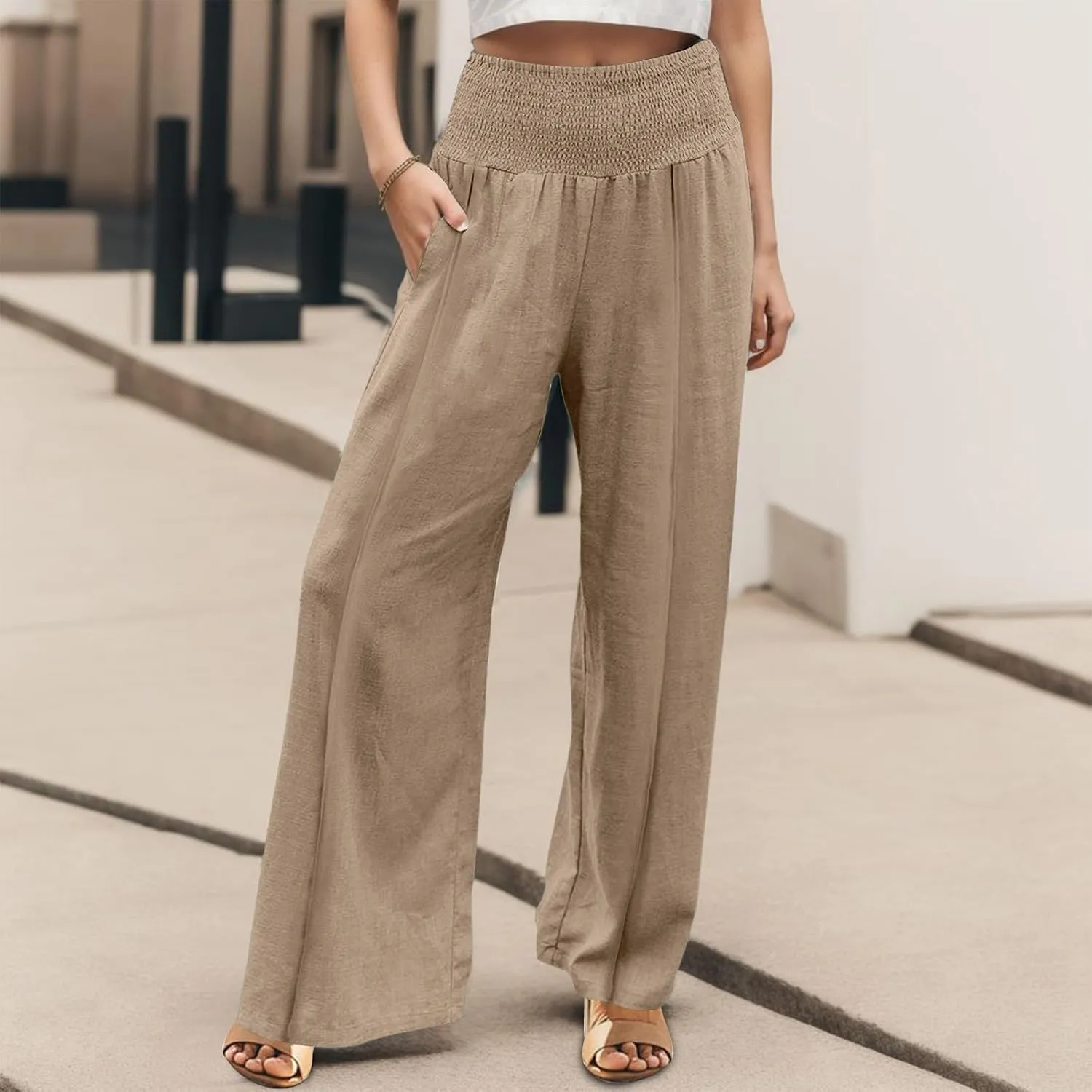 Women Linen Palazzo Pants Wide Leg High Waist Pant Solid Pockets Casual Loose Beach Vacation Lounge Outfits Clothes