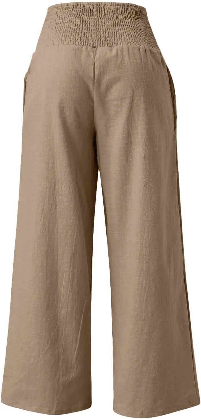 Women Linen Palazzo Pants Wide Leg High Waist Pant Solid Pockets Casual Loose Beach Vacation Lounge Outfits Clothes