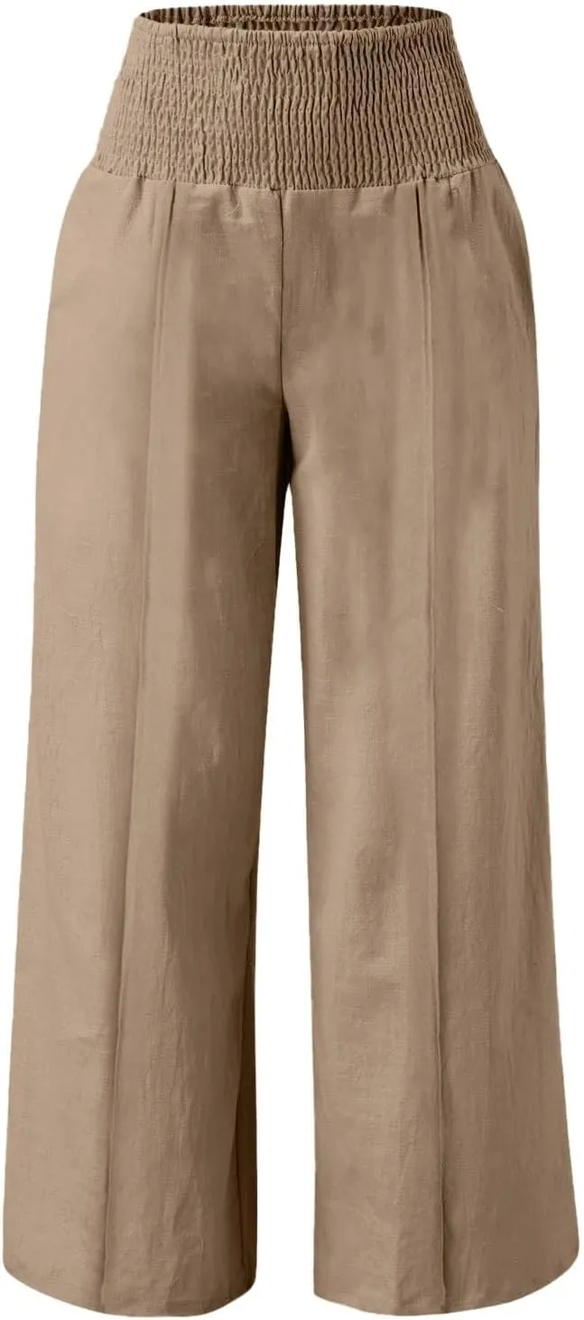 Women Linen Palazzo Pants Wide Leg High Waist Pant Solid Pockets Casual Loose Beach Vacation Lounge Outfits Clothes