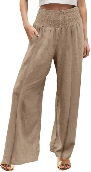 Women Linen Palazzo Pants Wide Leg High Waist Pant Solid Pockets Casual Loose Beach Vacation Lounge Outfits Clothes