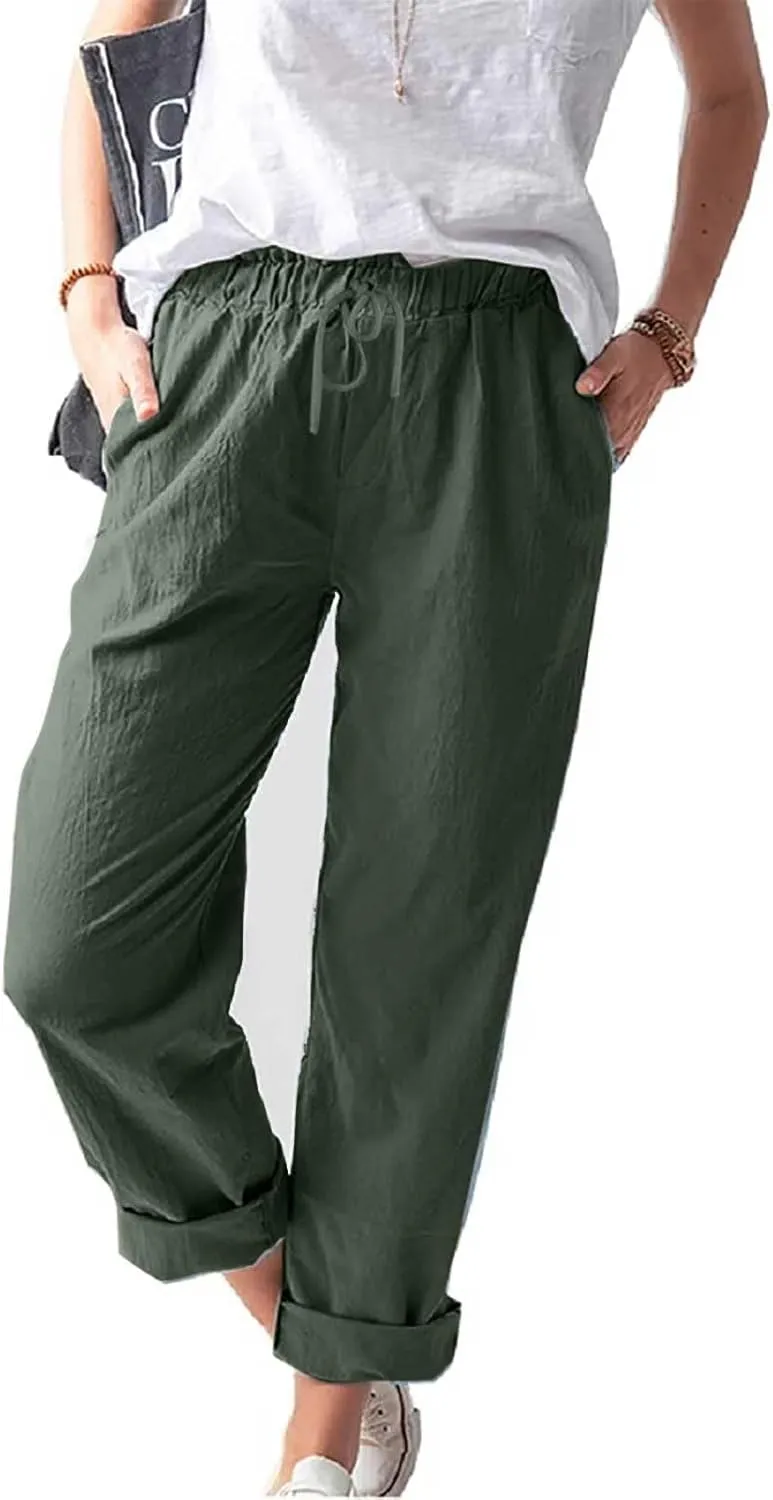 Women Linen Pant Summer Casual Roll Up Straight Leg Trousers Elastic Waist Drawstring Slacks Lounge Pants with Pocket