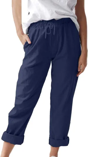 Women Linen Pant Summer Casual Roll Up Straight Leg Trousers Elastic Waist Drawstring Slacks Lounge Pants with Pocket