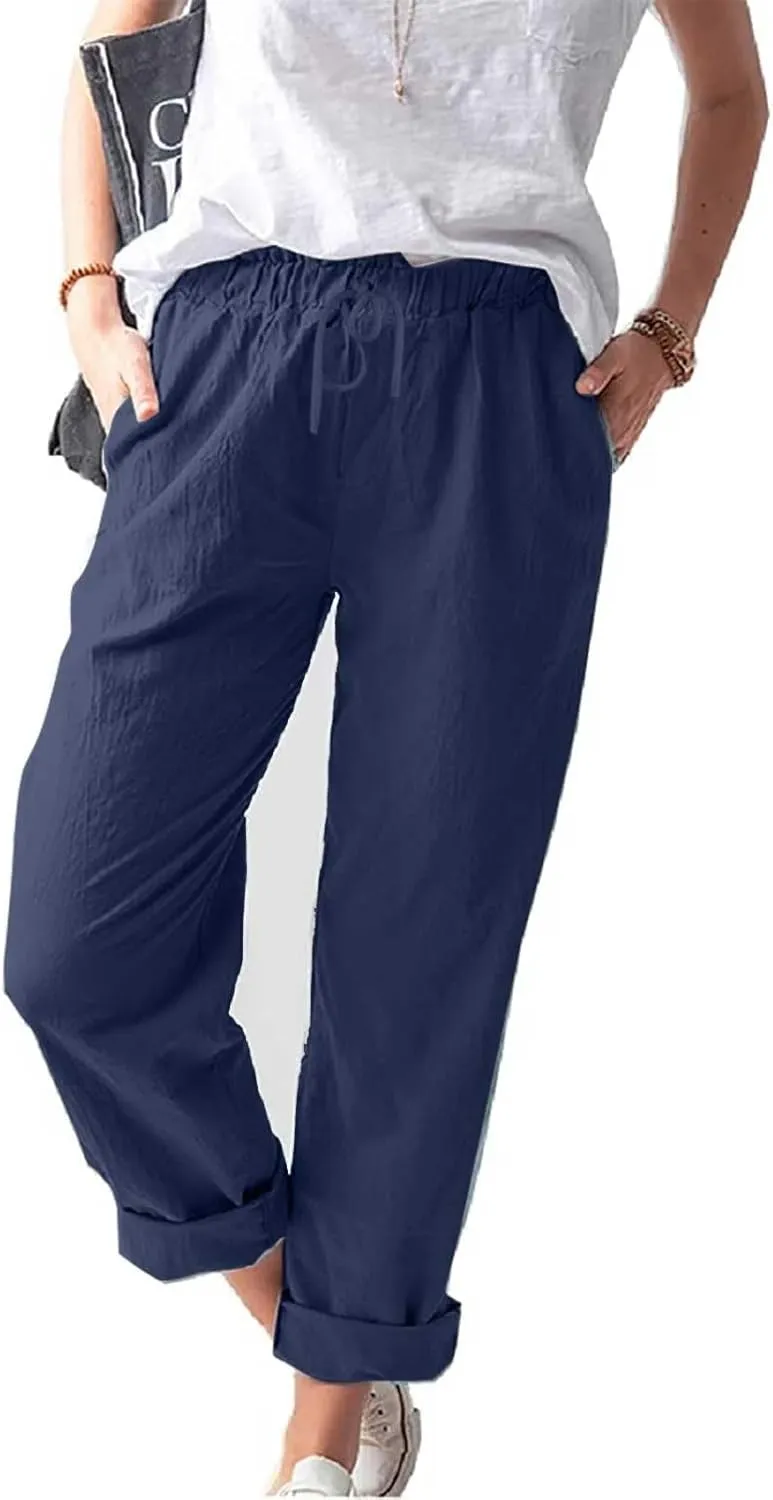 Women Linen Pant Summer Casual Roll Up Straight Leg Trousers Elastic Waist Drawstring Slacks Lounge Pants with Pocket