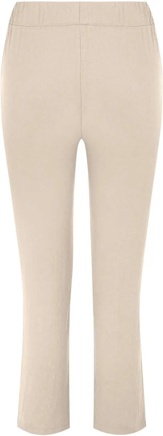 Women Linen Pant Summer Casual Roll Up Straight Leg Trousers Elastic Waist Drawstring Slacks Lounge Pants with Pocket