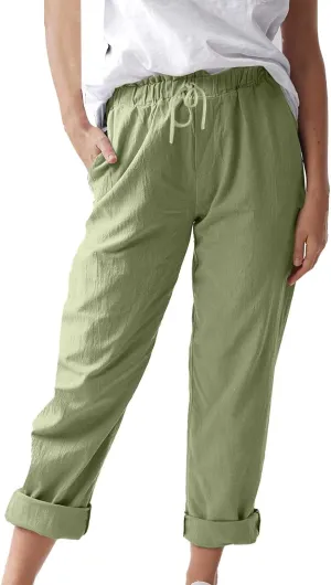 Women Linen Pant Summer Casual Roll Up Straight Leg Trousers Elastic Waist Drawstring Slacks Lounge Pants with Pocket