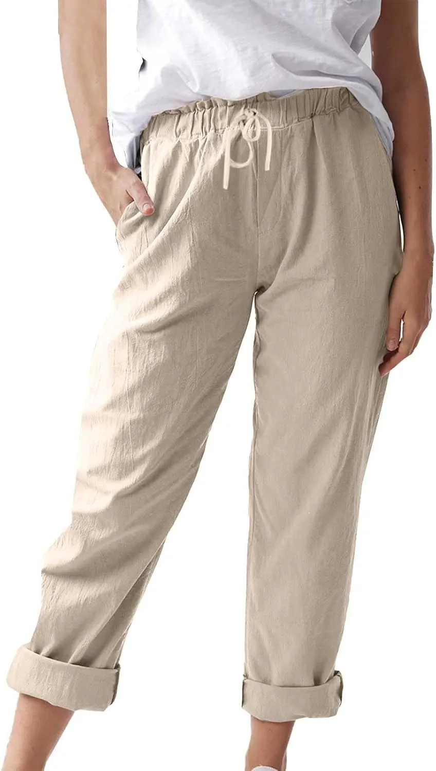 Women Linen Pant Summer Casual Roll Up Straight Leg Trousers Elastic Waist Drawstring Slacks Lounge Pants with Pocket