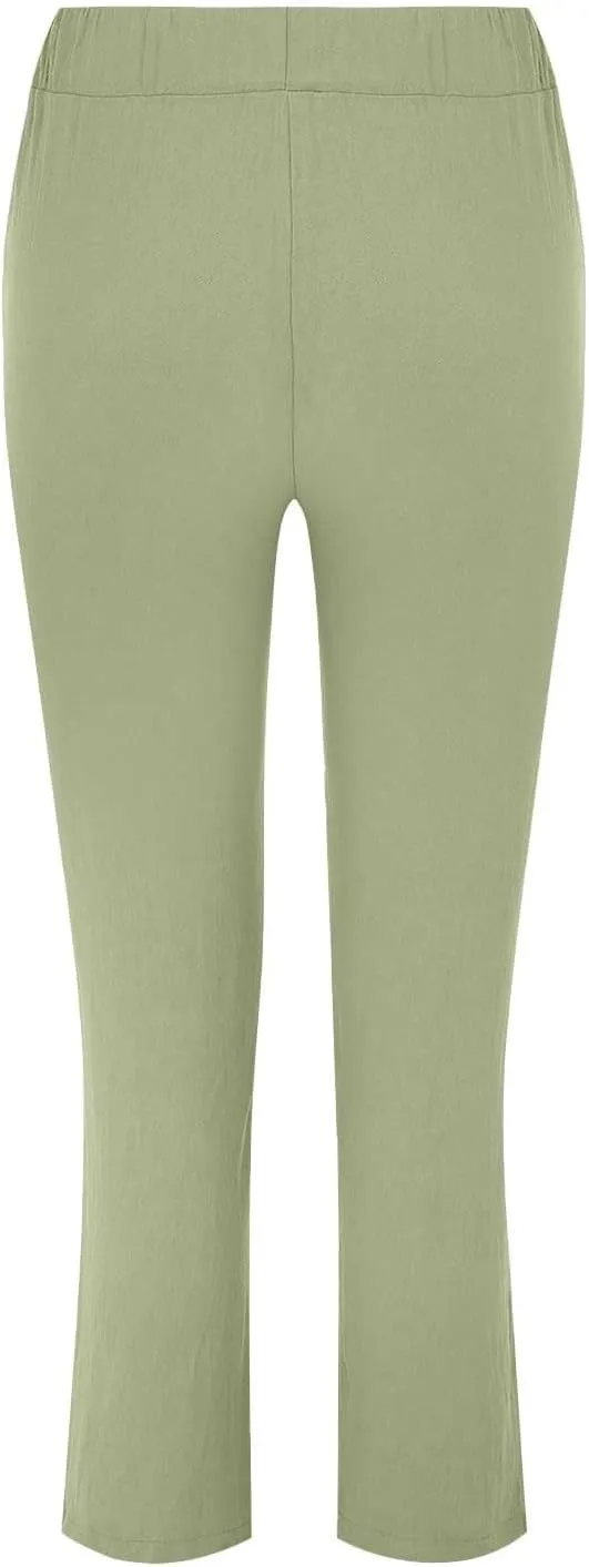 Women Linen Pant Summer Casual Roll Up Straight Leg Trousers Elastic Waist Drawstring Slacks Lounge Pants with Pocket