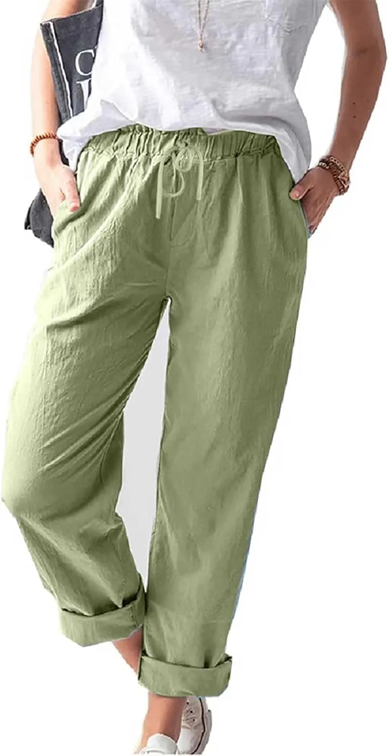 Women Linen Pant Summer Casual Roll Up Straight Leg Trousers Elastic Waist Drawstring Slacks Lounge Pants with Pocket